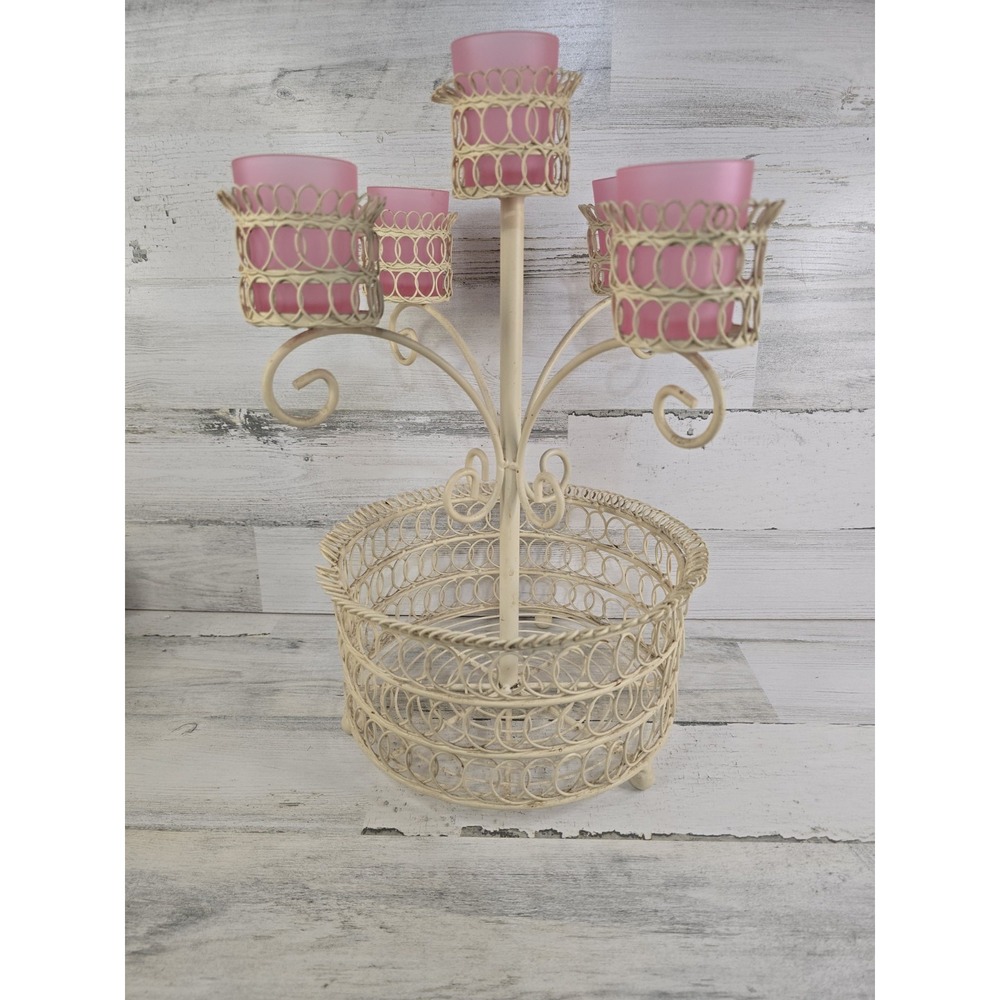 VTG Cream Wrought Iron 5 Arm Candelabra Centerpiece Basket Pink Glass Votives